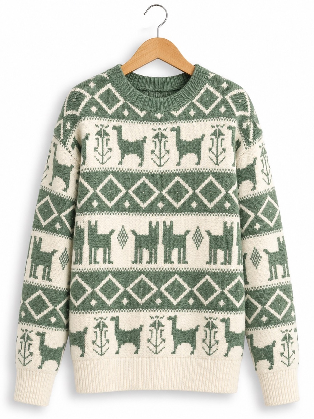 POL Boutique Tag Reindeer Patterned Crewneck knit Sweater Cream green S